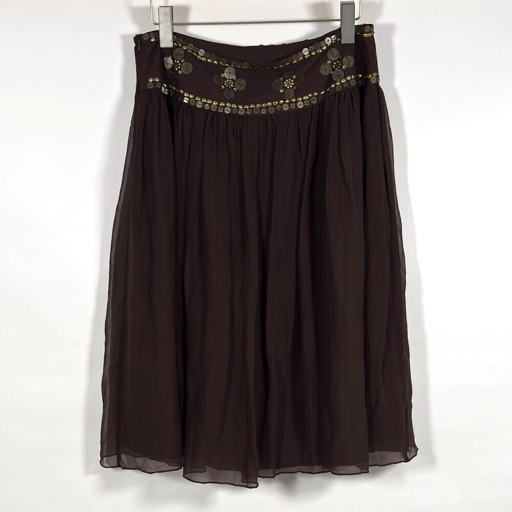 Willi Smith Brown Silk Midi Skirt Gold Sequins - Size 10 - Picture 3 of 6